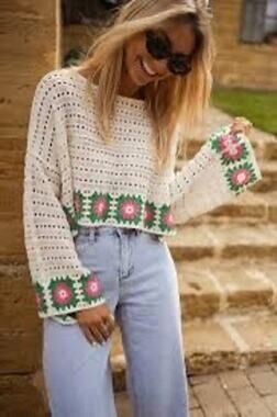 SINCERELY JULES White Green Square Granny Knitted Cottagecore Crop Sweater XL